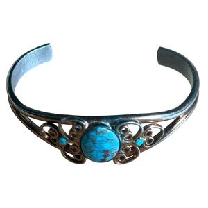 Turquoise Silver Tone Cuff on Cooper Bracelet
